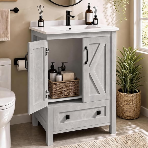 30-Inch Bathroom Vanity with Ceramic Sink, Gray Finish, Moisture-Resistant MDF, 2 Soft-Close Doors and Drawer, for Small Bathroom Storage