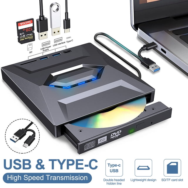 7in1 External USB 3.0 DVD CD RW Writer Drive Burner Reader Player for Laptop PC. A compact, black external drive with a CD/DVD reader and burner, 4-port USB 3.0 hub, SD card reader, and TF card reader. The device is connected to a laptop via a USB 3.0 cable, with a DVD partially inserted. It supports high-speed data transfer, is compatible with Windows, Mac OS, and Linux systems, and features a lightweight, portable design. Suitable for burning data, watching movies, or installing software.