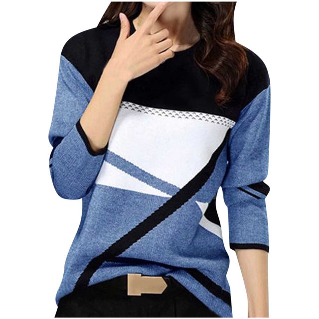 Blouse à Manches Longues pour Femmes Mode Décontractée Col Rond Couture Contraste Couleur T-Shirt Blouse à Manches Longues Blouse