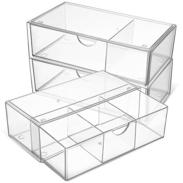 3pcs clear makeup organizer vanity storage box made of transparent acrylic, featuring three lidded containers with multiple compartments for organizing lipsticks, brushes, cotton pads, and other cosmetics. Ideal for desktop use in bathrooms or bedrooms, with stackable design for space-saving storage.