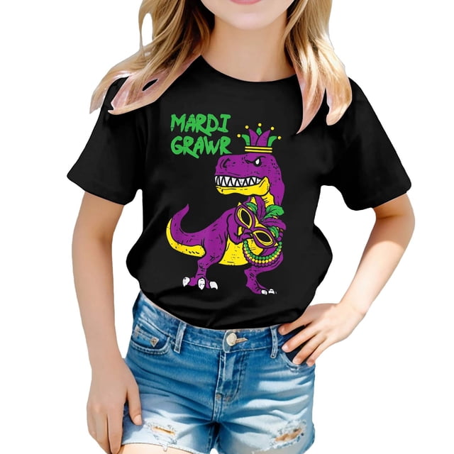 LUOGENLI T-Shirt pour Filles T-Shirt Décontracté Imprimé à Col Rond à Manches Courtes T-Shirt Chemise Décontractée Maxi Hauts avec Slit Boho Noir 3-4 Ans