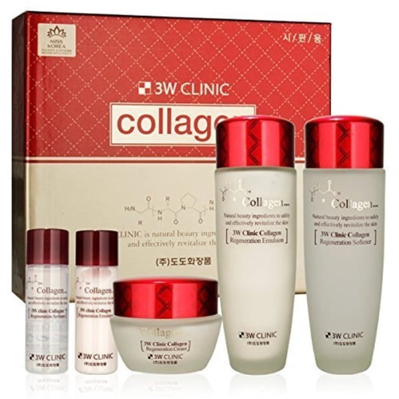 3W Clinic Soin de la Peau au Collagène 3 Ensembles : Adoucissant (150ml) Émulsion (150ml) Crème (60ml) Adoucissant (30ml) Émulsion (30ml)