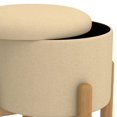 thumbnail image 2 of Mid-Century Modern Fabric and Wood Round Storage Ottoman - Beige and Natural, 2 of 7