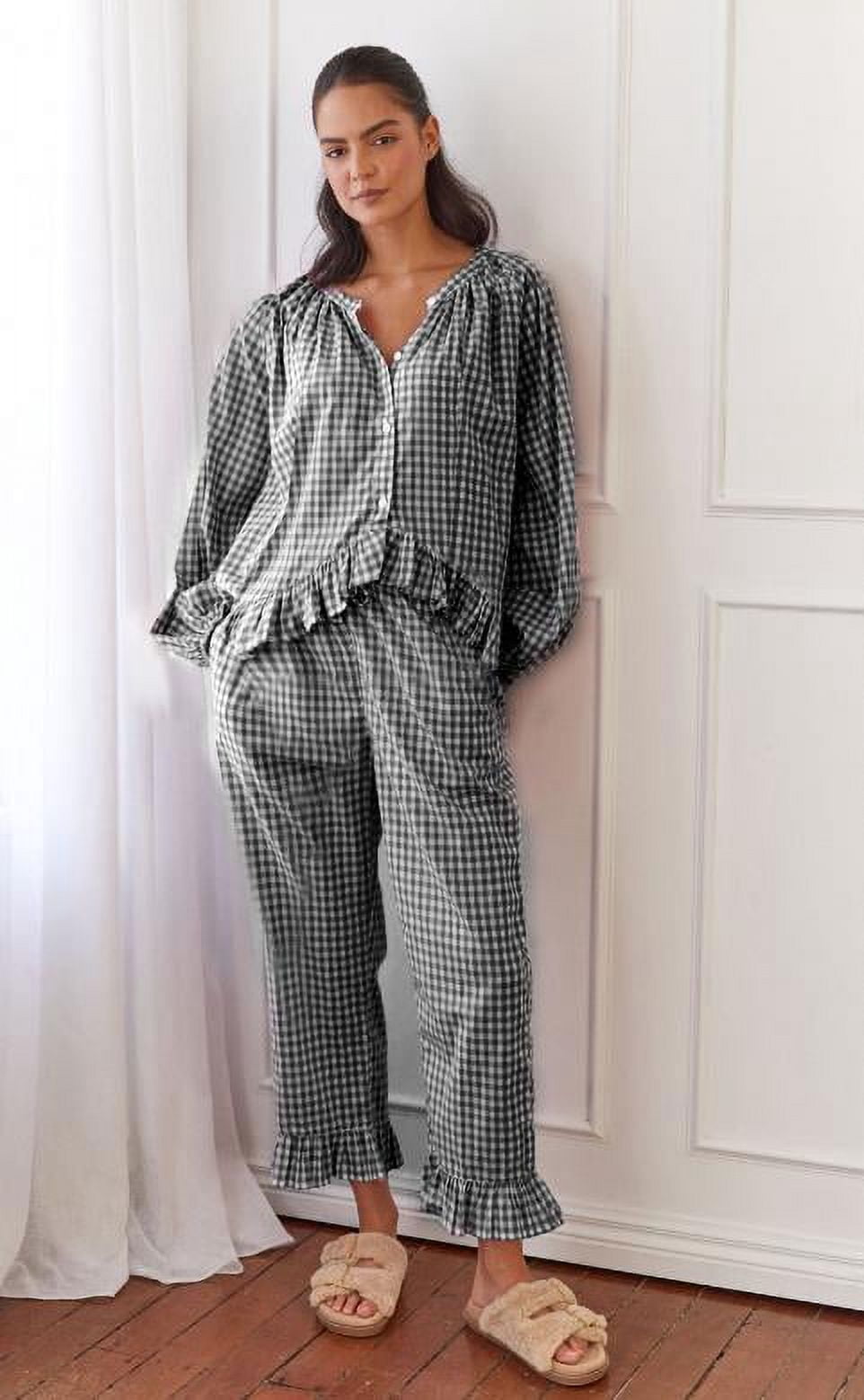 Gupgi Women Plaid Pajama Sets 2 Piece Lounge Set Long Sleeve Button Down Shirt Ruffle Pants