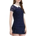 thumbnail image 4 of INSPIRE CHIC Blouse en Dentelle Transparente à Manches Courtes pour Femme à Col Peter Pan Contrastant TP Bleu Foncé, 4 of 6
