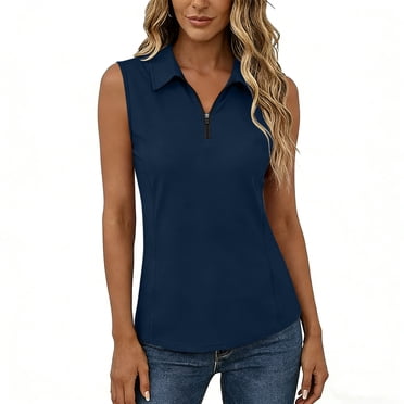 ShomPort Womens Golf Shirts 1/4 Zip Collared Sleeveless Sun Protection Athletic V-Neck Summer Tennis Tops