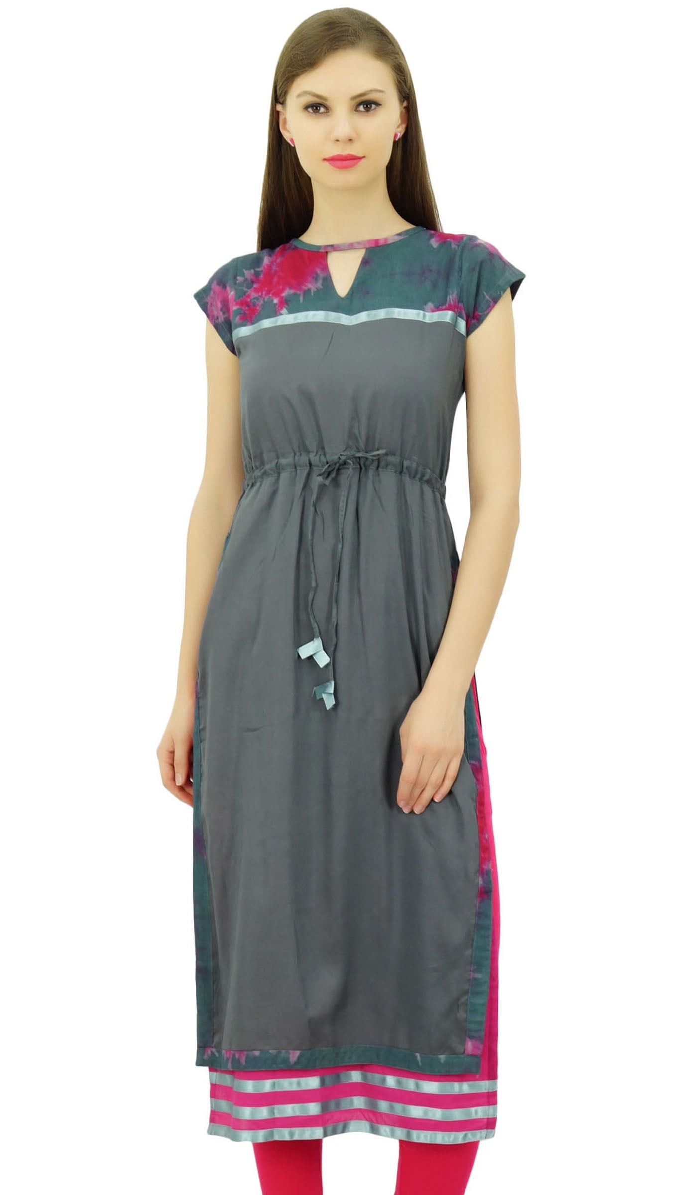 Bimba Women's Indian Kurti Cap Sleeve Double Layer Straight Kurta With Drawstring Waist