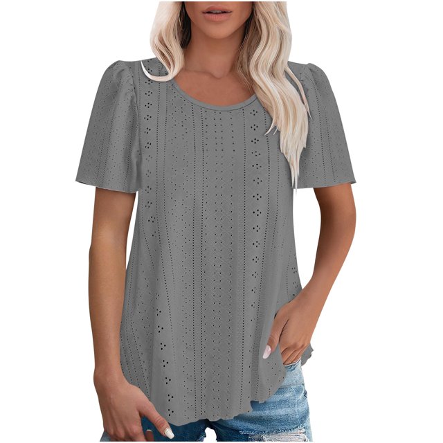 Timegard Hauts à Oeillets pour Femmes Col Rond Froncé Manches Courtes Ample Été Plage Décontracté Confortable Haut T-Shirt