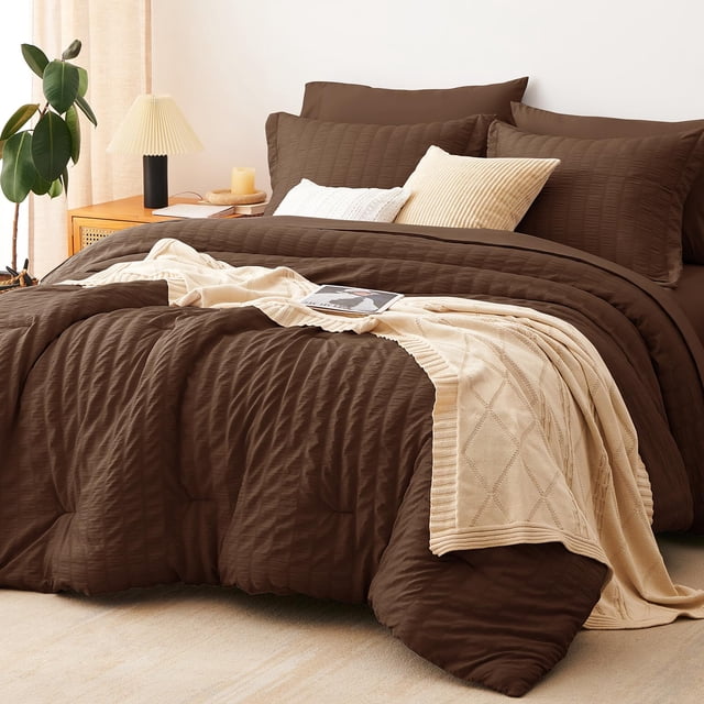 CozyLux Queen Comforter Set Brown Seersucker 7 Pieces Bed in a Bag Queen Comforter Set with Sheets Luxury Soft Bedding Set with Down Alternative Comforter Sheets Pillowcases & Shams for All Seasons