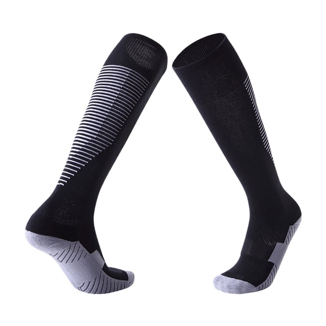 Mens Socks Adult Male Compression Stockings for Men plus Size Soft Elastic Knee Length Football Socks in black, one size. Crafted from knitting wool, these knee-high socks provide compression support and feature a striped design on the calf with reinforced grey toe and heel areas. Ideal for sports, daily wear, or as dress socks.