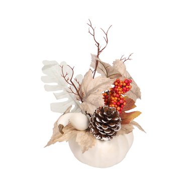 TopLLC Fall Pumpkins Table Decor, Fall Decorations for Home, Artificial Pumpkin with White Maple Leaves and Berries, Farmhouse Faux Pumpkin Table Centerpiece for Thanksgiving Autumn Harvest