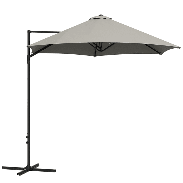 Outsunny parasol de Patio Offset de 8,5 Pi avec rotation à 360° et design de parasol Déporté. Comprend un Auvent en polyester Gris Pâle avec un Dessus Ventilé pour la Stabilité du Vent, Supporté par un Cadre en Acier Enduit de Poudre. Comprend une Poignée de Poussée pour une Ouverture et une Fermeture Faciles, une Sangle pour Fixer le Tissu, et une base Robuste avec Deux Vis de Fixation. Idéal pour les Zones d'Assise Extérieures comme les patios, le Bord de la Piscine Ou les Jardins. le Diamètre du parasol Est de 100,8 Pouces, la Hauteur Est de 96,5 Pouces,