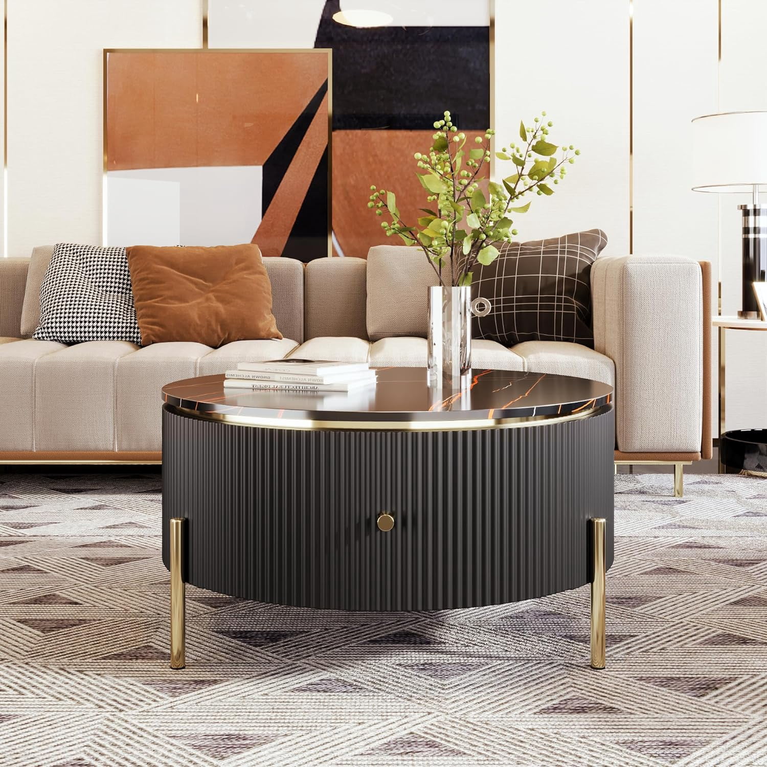 31.5" Modern Round Coffee Table with 2 Large Drawers Storage Accent Table for Living Room, Black
