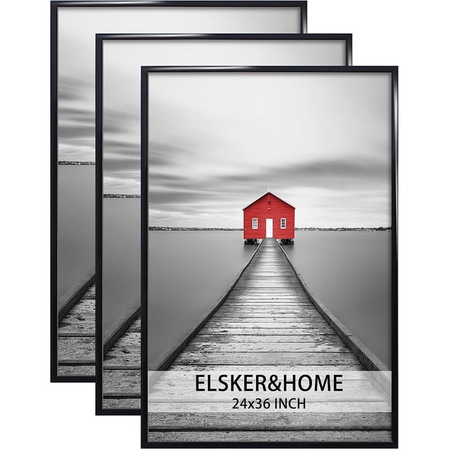 ELSKER&HOME 24x36 poster frame 3 pack in black, featuring a modern and scratch-resistant design suitable for horizontal or vertical wall mounting. Each frame is lightweight with durable MDF backboards, easy assembly, and preinstalled hanging hardware. Perfect for displaying posters, photos, or prints in home, office, or gallery settings.