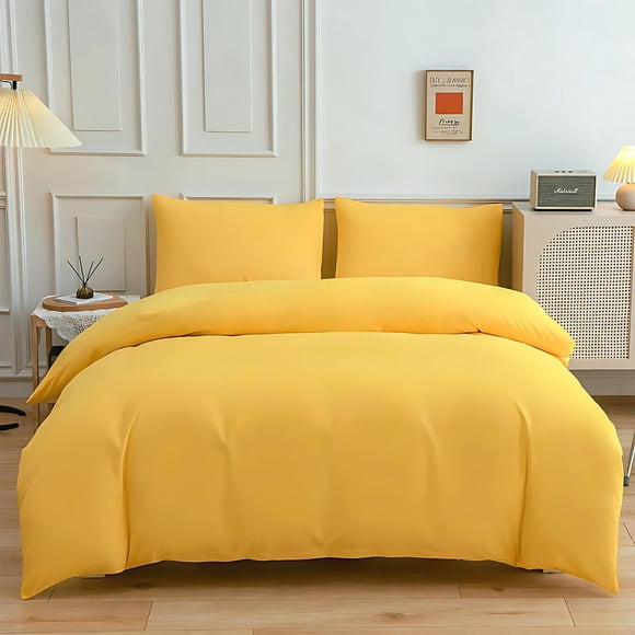 ZZkhGO Solid Color Washed 4 Piece Bedding Set, Soft Breathable Cotton Duvet Cover with 2 Pillowcases, All Season Comforter Cover for King Size Bed, Home Bedroom Decor, Yellow