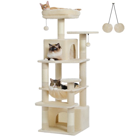 PAWZ Road 53" Large Cat Tree with Spacious Hammocks and Big Condos Cat Tower for Indoor Cat Beige