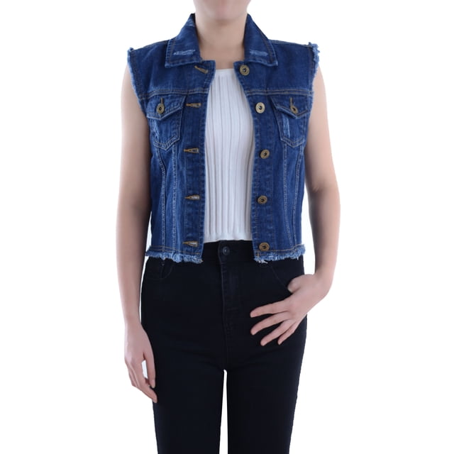 Womens Distressed Denim Button Up Sleeveless Crop Vest in indigo, size X-Large. This cropped vest features a frayed hem, pointed collar, and distress details. Made from 90% cotton and 10% polyester, it has two flap chest pockets and a 5-button front closure. Styled here over a white ribbed top and paired with black high-waisted pants.