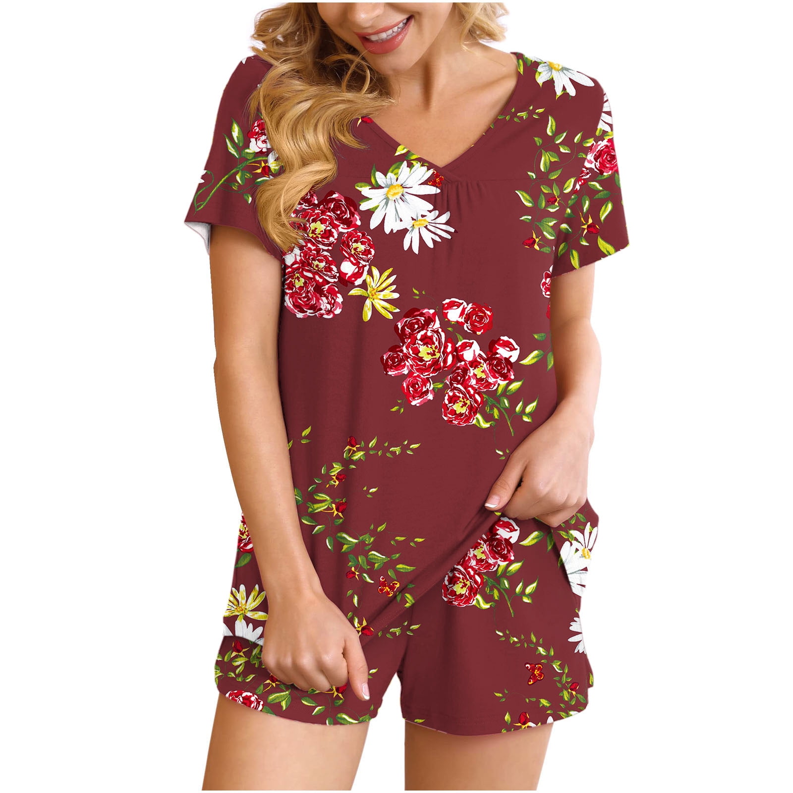 Cameland Ensemble 2 Pcs pour Femme, Col en V, Manches Courtes, Pyjama de Maison Confortable, Ensemble de Sport