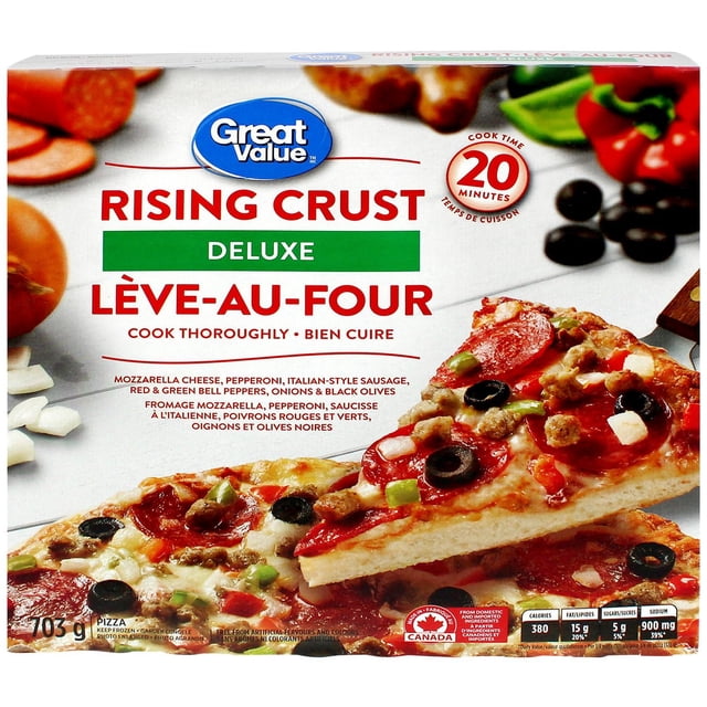Great Value Rising Crust Deluxe Pizza showing a frozen pizza with mozzarella cheese, pepperoni, Italian-style sausage, red and green bell peppers, onions, and black olives on a thick rising crust, with 20-minute cook time and Canadian origin label on the box.