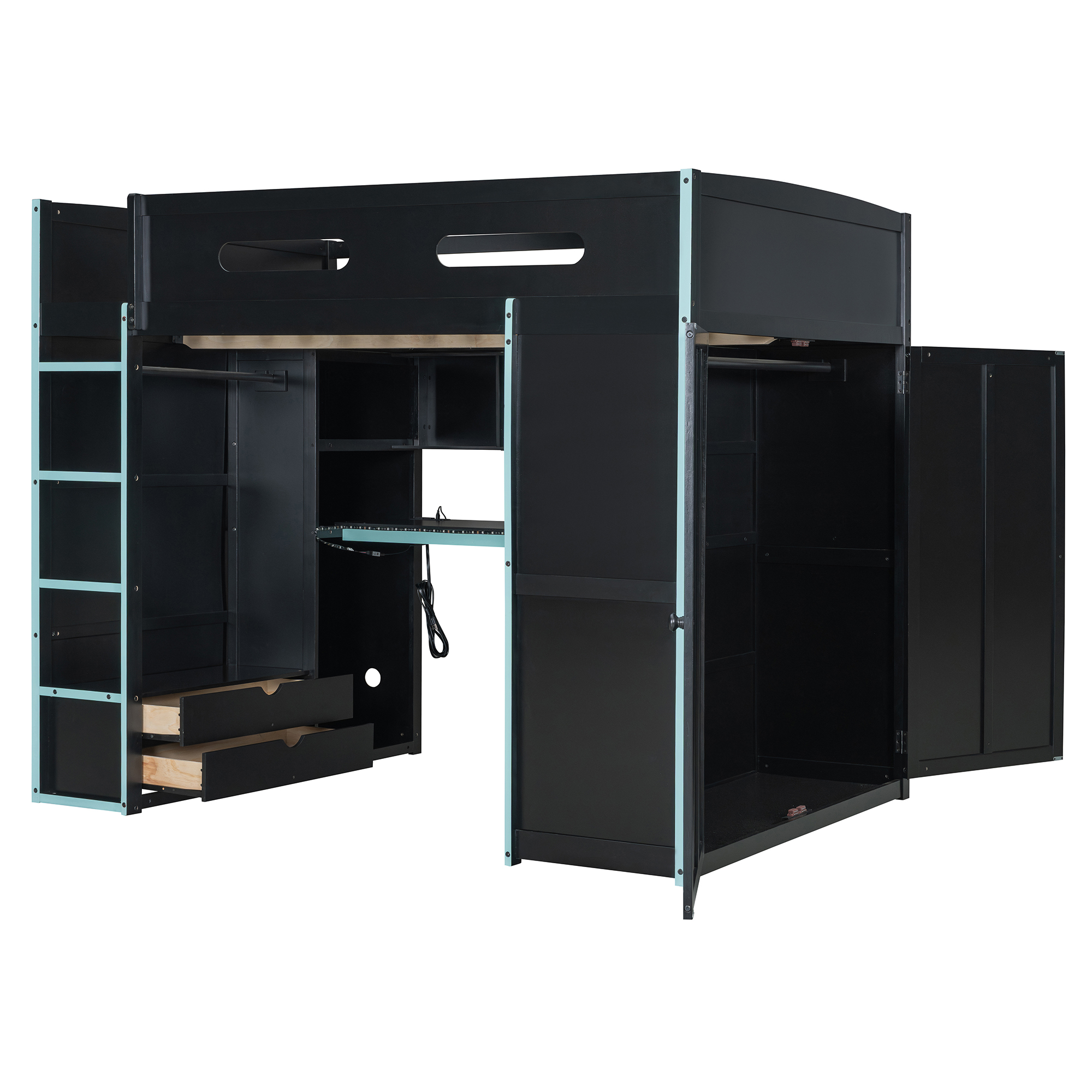 Homy Casa lit mezzanine double en bois avec bureau, armoire, tiroirs et RGB, bleu nuage