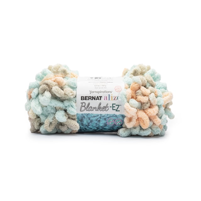 Bernat® Alize Blanket™ EZ jumbo polyester yarn skein in pastel light blue, peach, and beige with looped texture, 6.4 oz/180 g, designed for easy finger knitting without needles or hooks, ideal for blankets, pillows, and decorative crafts.
