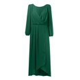 thumbnail image 4 of Robes Grande Taille en Chiffon Col en V Manches Longues Plissées Ligne A Longueur Midi Robe d'Été Verte TG, 4 of 5