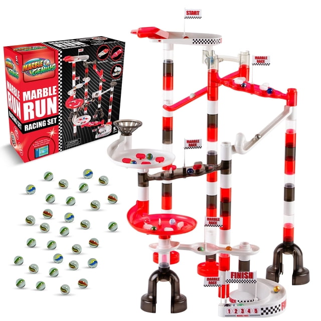 Marble Genius Marble Run Racing Set featuring 125 multicoloured pieces, including a start and finish line, racing flags, and a variety of track components for building customizable marble race tracks. Includes high-performance marbles and an interactive tournament board for competitive play. The set is displayed fully assembled with marbles on the track, alongside its packaging.