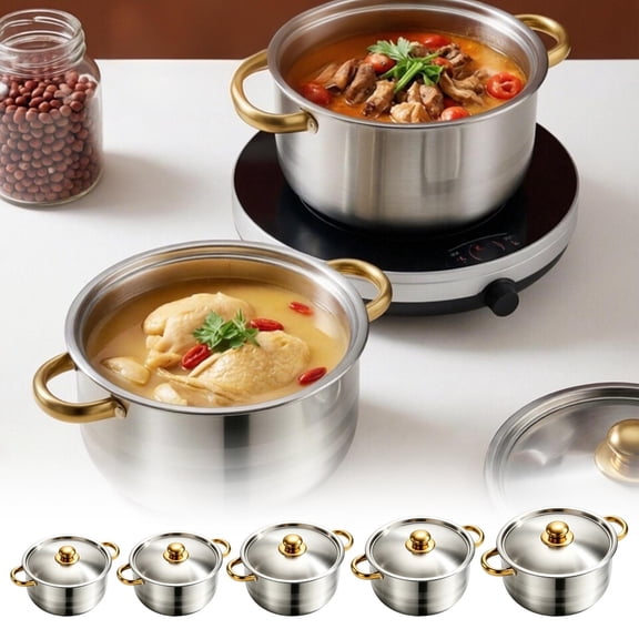 Tong Batterie de Cuisine en Acier Inoxydable 5 Pcs avec Couvercles en Verre à Rétention de Chaleur pour une Cuisson Uniforme