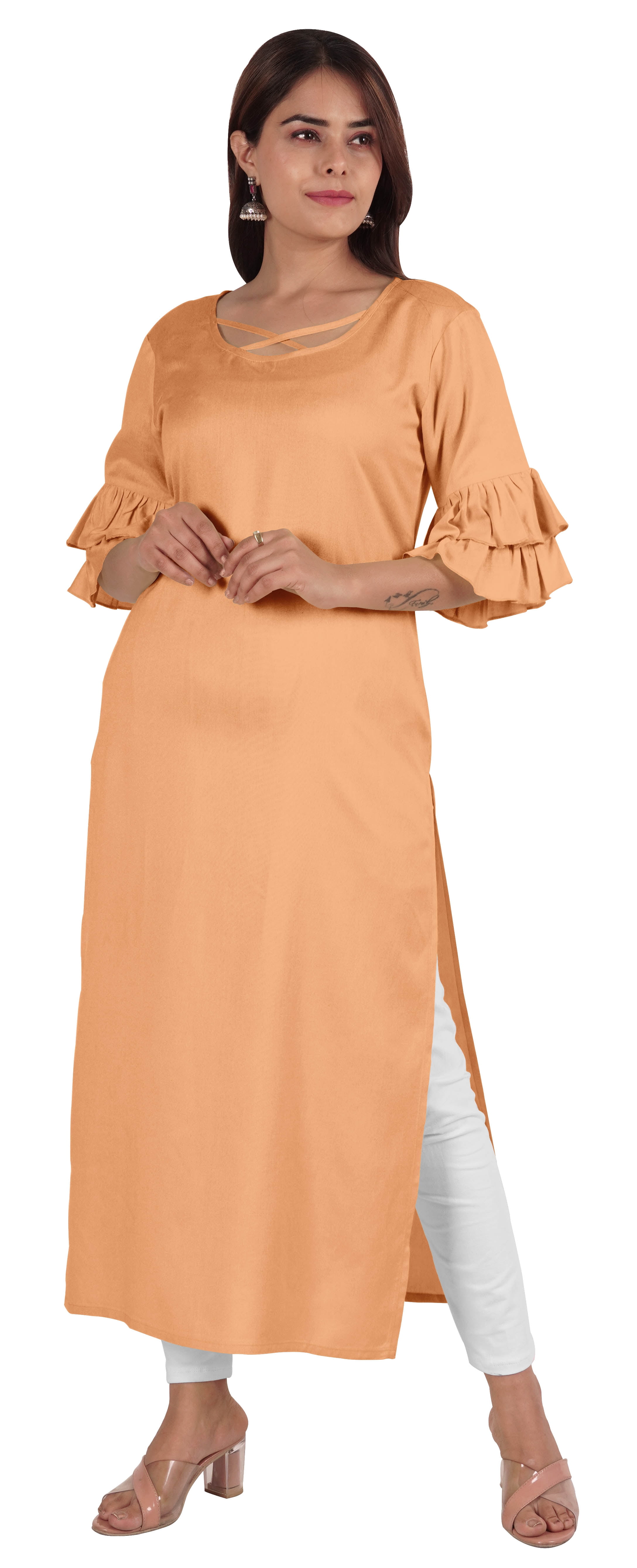 Moomaya Kurta en Rayonne Uni pour Femmes à Manches Évasées, Col à Cordon, Kurti Ethnique Long