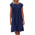 thumbnail image 2 of Choix Populaires, Robe Ample en Lin Plissé à Manches Courtes et Col Rond pour Femmes, Robe en Lin Plissée avec Col Rond et Manches Courtes Look Décontracté Intelligent60 % Coton, 40 % Lin, Bleu Foncé, 2 of 9