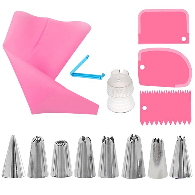 Classic Kitchen Accessories, 14 Piece Kit Stainless Icing Nozzle Tips Piping Bags Set for Baking Cupcake Cookie Decorating Tools