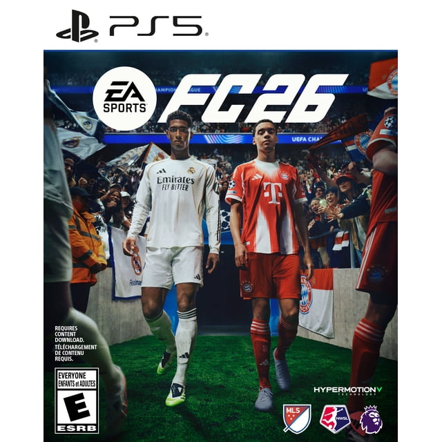 EA SPORTS FC 26 PS5 cover showing two soccer players walking onto a stadium pitch, one in a white Real Madrid kit and the other in a red Bayern Munich kit, with fans and UEFA Champions League banners in the background, highlighting authentic football gameplay and competitive modes.
