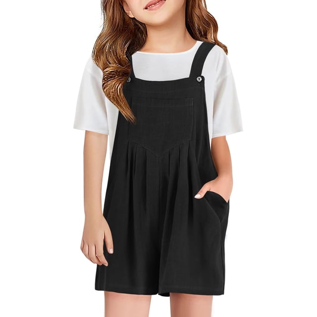 Wdgfv Girls Overall Shorts Kids Summer Casual Adjustable Strap Rompers Black 6-7 Years