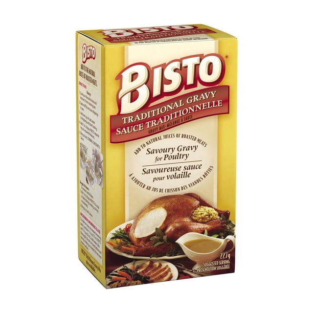 Bisto Gravy Mix Powder Chicken in a yellow box featuring traditional poultry gravy mix with bilingual English and French text, displaying a roasted stuffed chicken with vegetables and a gravy boat, 227g package ideal for enhancing savoury poultry dishes.