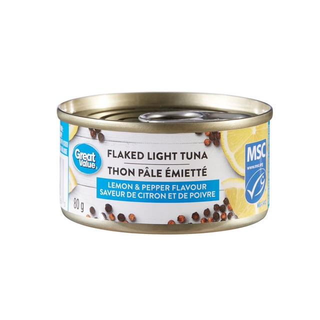 Great Value Flaked Light Tuna, Lemon & Pepper Flavour in an 80 g metal can with pull-tab lid, featuring a white label with lemon slices, peppercorns, and MSC certification, ideal for pantry storage and quick meal use.