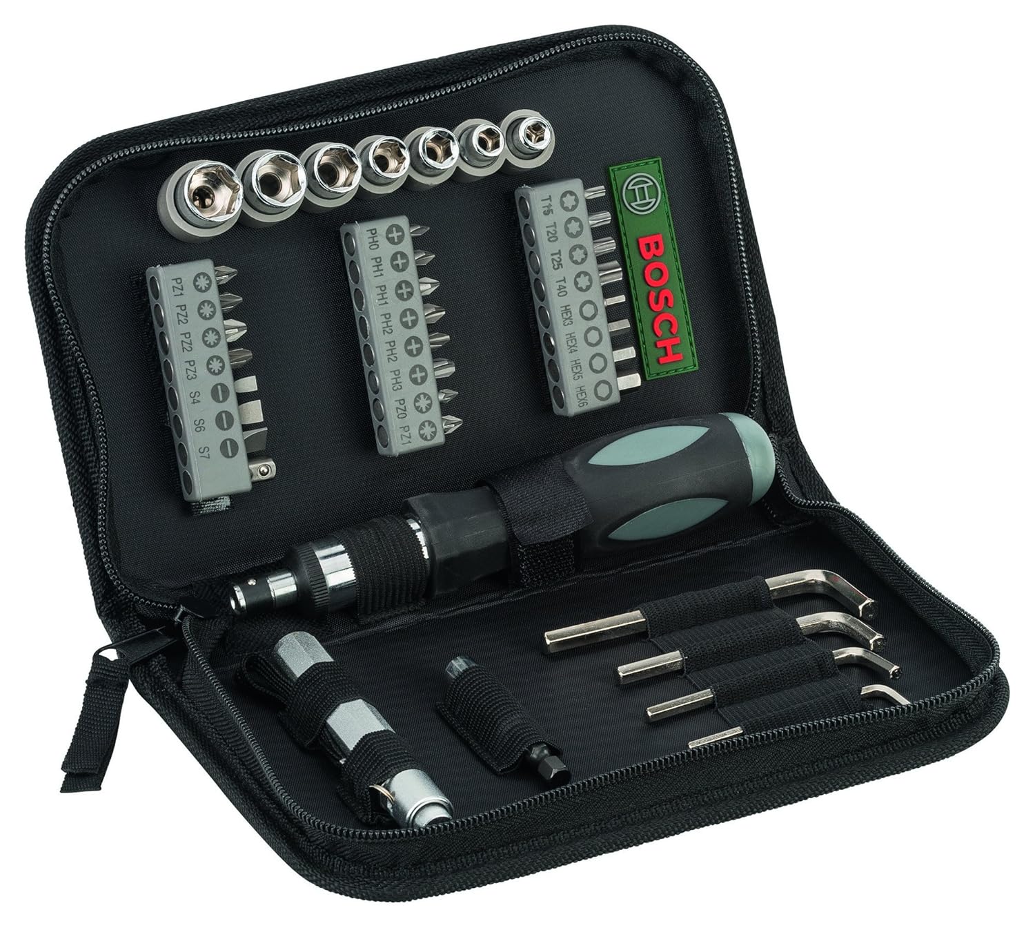Standard Screwdriver Set - Silver & Black - 38 Pieces | Screwdriver Bits & Magnetic Holder, Torch, Hand Screwdriver, Adapter For Nut-Setters | Adjustable, Allen Keys, Universal Holder