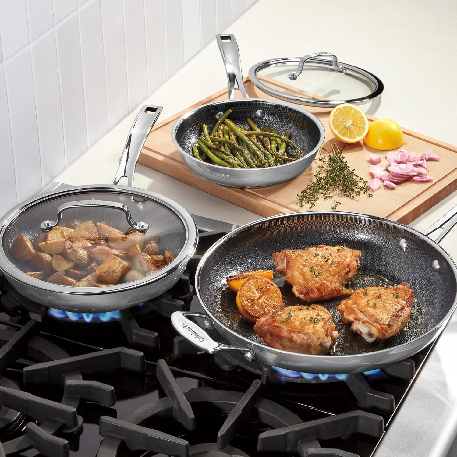 Cuisinart FusionPlus™ Ensemble de 6 Poêles Antiadhésives en Acier Inoxydable, 8", 10", 12" avec Couvercles, Sans PFAS, Compatible Induction (FPS‑6SSCRC)