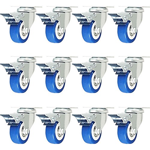 MegaDeal Caster Swivel Plate w/ Brake On Blue Polyurethane Wheels 2" w/ Brake, 12 Pack