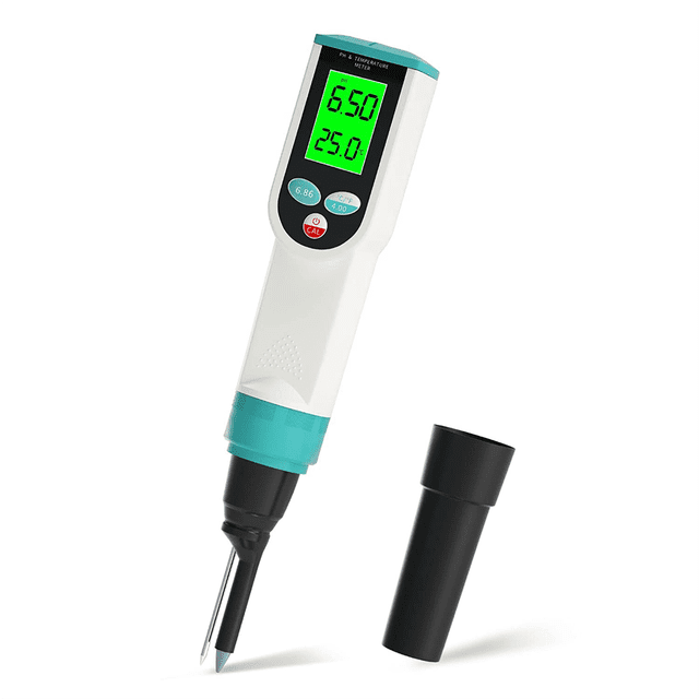 PH Meter with ATC Food PH Tester, Waterproof Digital Food PH Meter with High Accuracy PH/Temperature Probe front-facing handheld digital meter with plastic body and LCD showing pH and °F temperature, external double pH/temperature probe with exposed sensor tip, waterproof casing, two-point calibration (4.00, 6.86) and 0–14 pH range; suitable for food pH testing and often used for sourdough fermentation, cheese and meat checks.