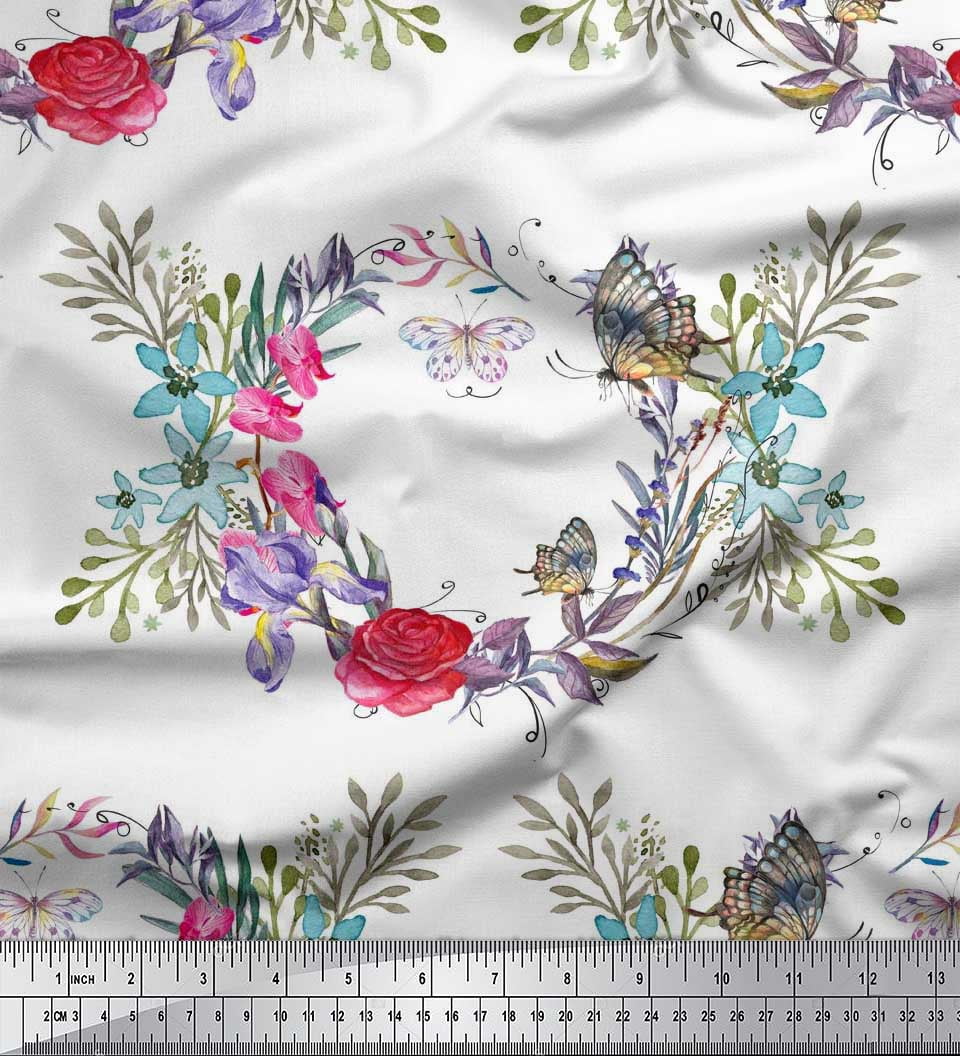 Soimoi White Viscose Chiffon Fabric Insect,Rose & Wreath Flower Decor Fabric Printed BTY 42 Inch Wide