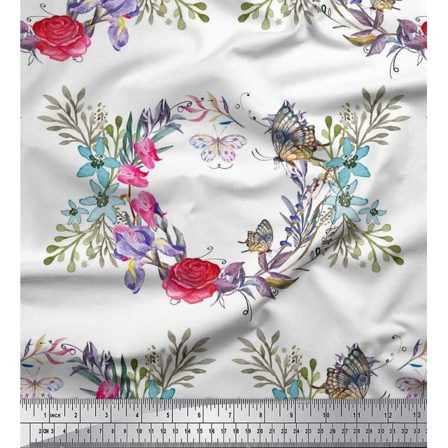 Soimoi White Polyester Crepe Fabric Insect,Rose & Wreath Flower Print Fabric by Yard 52 Inch Wide
