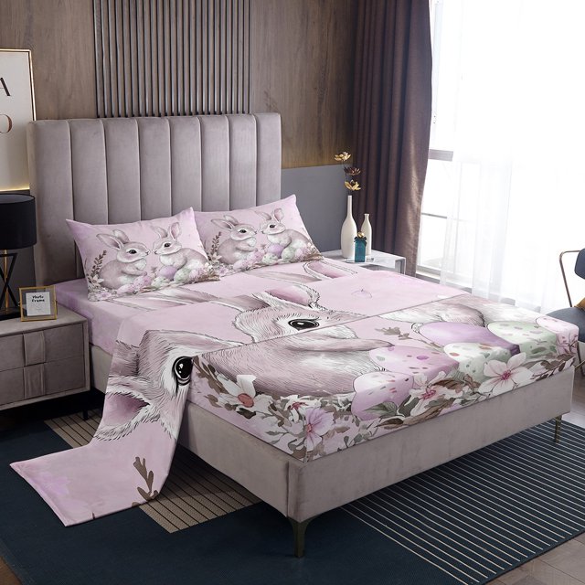 Erosebridal Purple Rabbit Full Sheet Sets For Teens,Floral Eggs Bedding Full Size,Easter Decor,Lightweight,4-Piece
