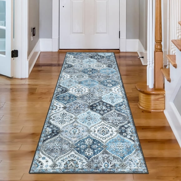 2' x 6' Washable Area Rug Moroccan Trellis Entryway Rug Doormat Stain Resistant, Non-Slip Accent Rug Vintage Medallion Distressed Floor Carpet for Front Entrance Kitchen Bathroom, Blue/Grey
