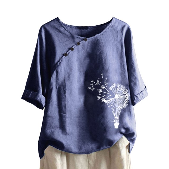 CHUANK Hauts pour Femmes en Solde à Moins de 10$ Hauts Décontractés Printemps Été Manches Longues en Coton Lin Imprimé Graphique Pissenlit Col Rond Blouses Vintage Grande Taille