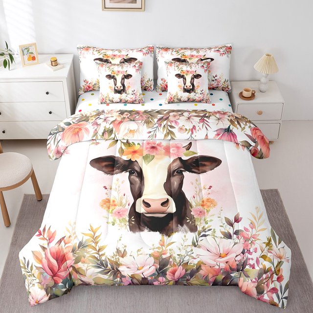 YST Ensemble de Literie 7 Pcs Vache Mignonne, Thème Animal Floral, 7 Pcs, Roses Roses, Simple