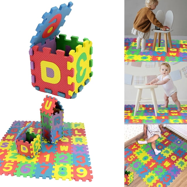 Hearth & Gear Foam Alphabet And Number Puzzle Play Mat featuring colorful interlocking foam tiles with letters and numbers. The mat is designed for babies and kids, providing a soft and cushioned surface for crawling, playing, and learning. The image shows the tiles assembled into cubes and laid flat, demonstrating versatility. Ideal for playrooms or nurseries, it encourages creativity and educational activities for toddlers aged 1-3.