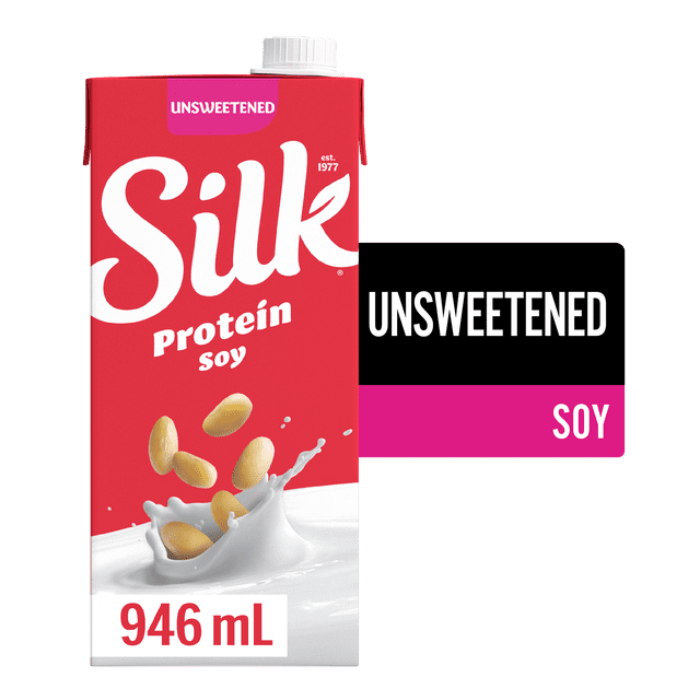 Silk Soy Milk Alternative, Unsweetened, Dairy Free, Shelf Stable, 8g of protein in a 946 mL red and white carton with the Silk logo, soybeans splashing into soy milk, and a white screw cap, suitable for cereal, coffee, or drinking alone.