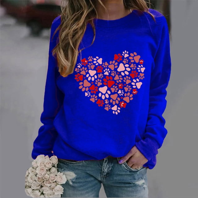 Styesk Chandails à Manches Longues pour Femmes, Imprimé de Cœur, Hauts de Sortie, T-Shirts Confortables et Doux à Col Rond, Chandail à Enfiler, Mode, Ample, Léger, Chandail en Molleton, Graphique de la Saint-Valentin, Hauts Décontractés