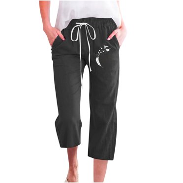 XZNGL Fashion Womens High Waist Straight Tube Feather Printed Cotton and Linen Casual Capris
