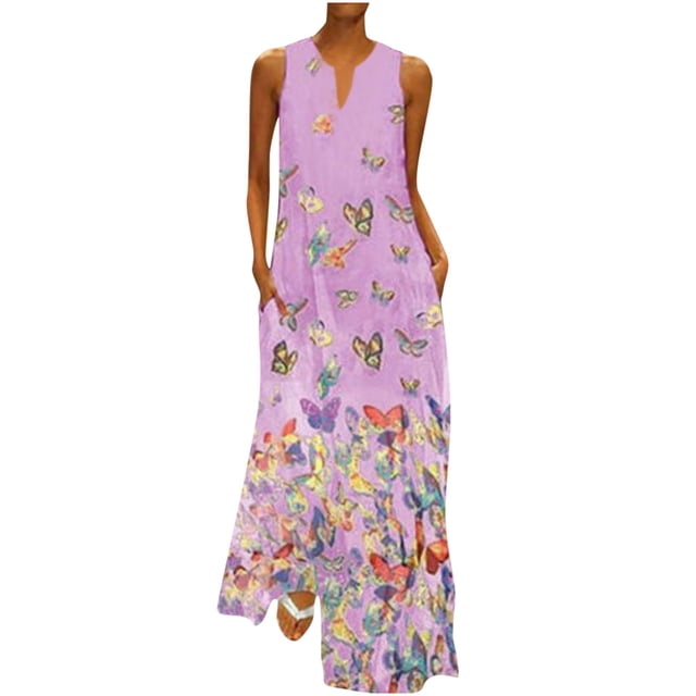 Pompotops Robe Maxi Sans Manches Vintage Bohème à Col en V pour Femmes Grande Taille à Imprimé pour Tous les Jours